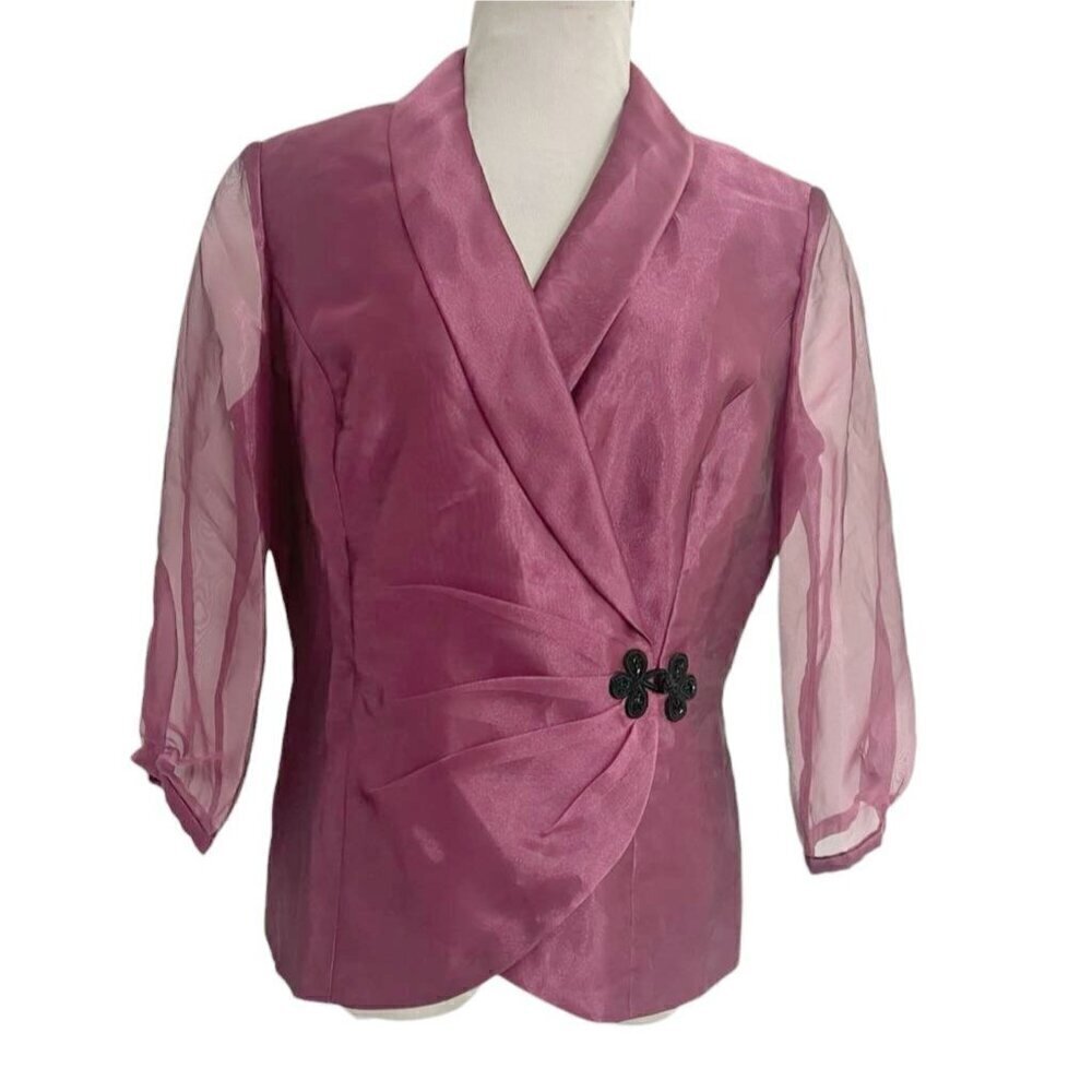 Alex Evenings Size Large Top Blouse Sheer Sleeves Embellished Faux Wrap Wedding